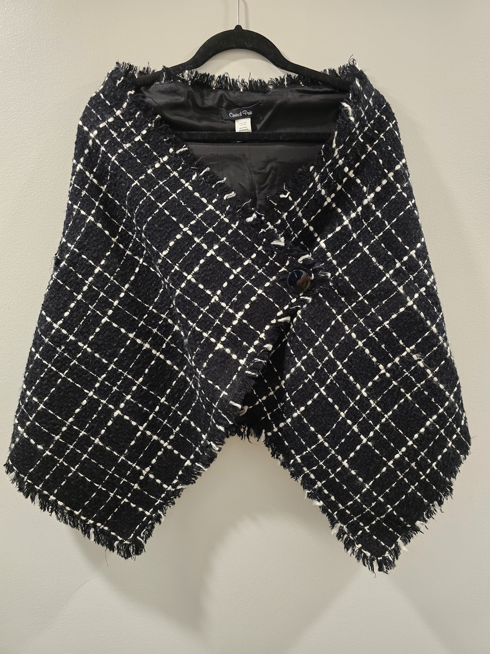 Central Park Tweed Plaid Wrap Cape Fringe Trim Asymmetric Shrug Poncho OS